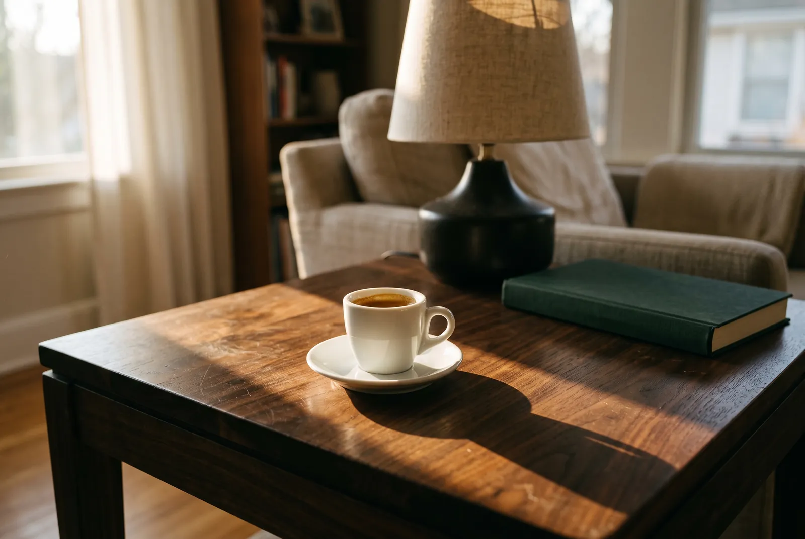 Une tasse d'expresso sur une table en bois, dans la lumière de fin d'après-midi