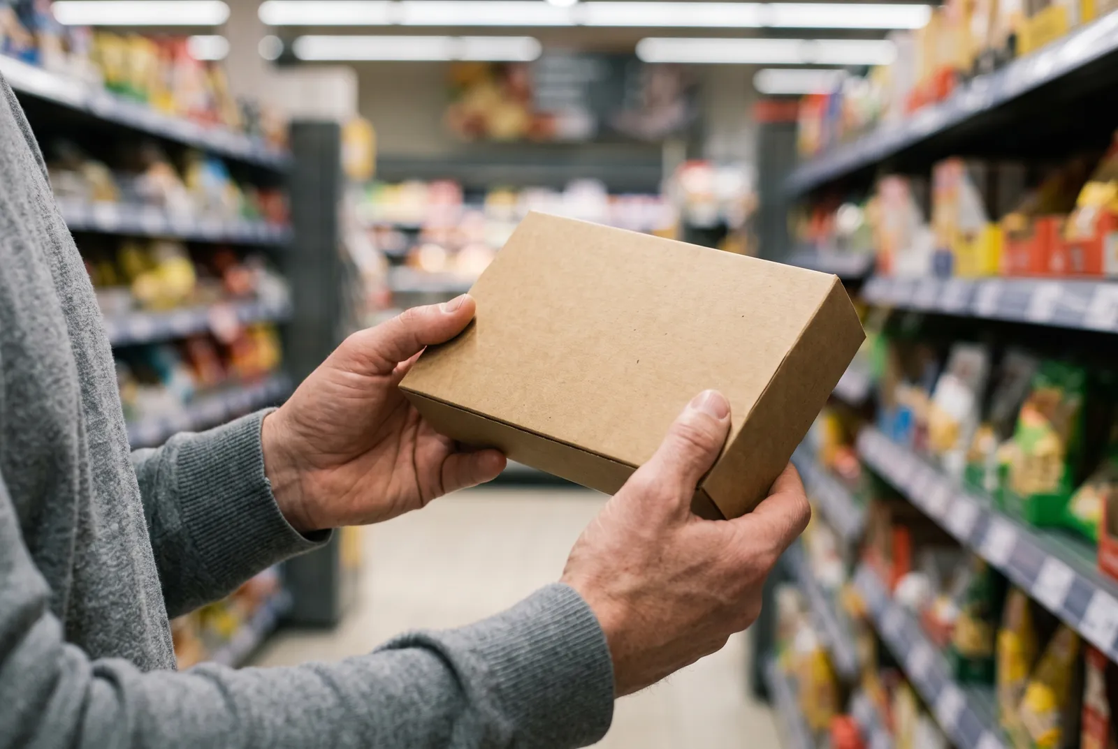 Un client examine un paquet en carton dans un rayon de supermarché