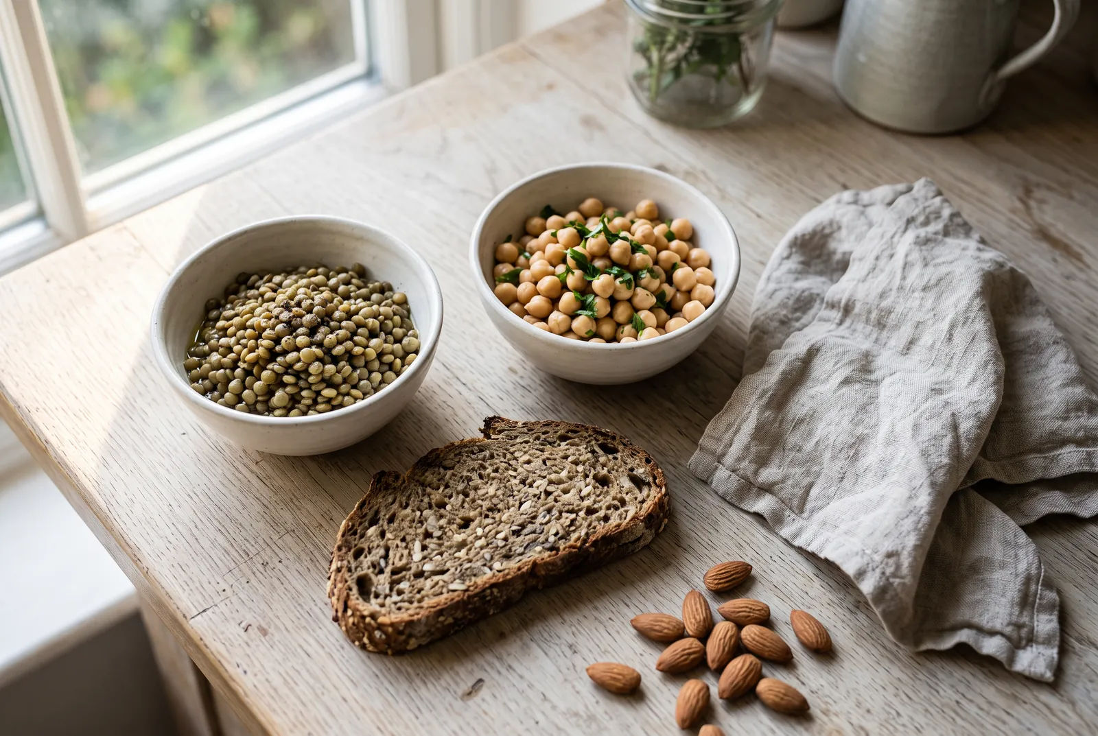 Deux bols de lentilles vertes et de pois chiches, une tranche de pain complet aux graines et des amandes sur un plan de travail en bois
