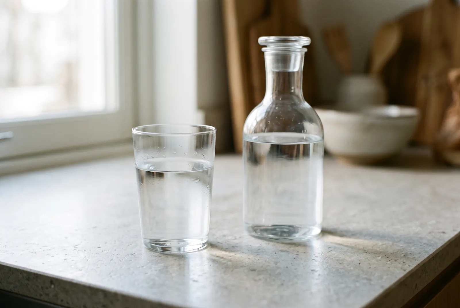 Un verre d'eau et une carafe en verre posés sur un plan de travail, près d'une fenêtre